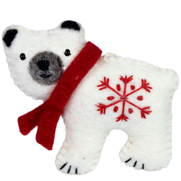 Snowflake Polar Bear Handmade Felted Wool Hanging Ornament Fair Trade Christmas - Picture 1 of 1